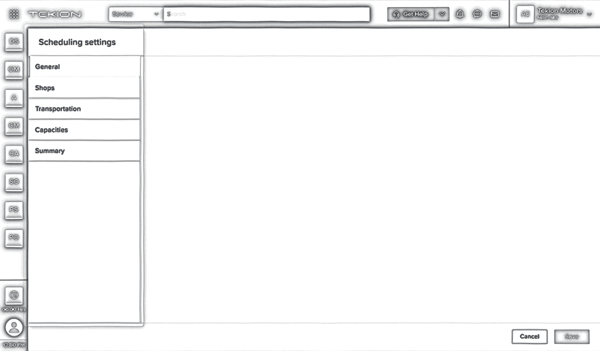 The Scheduling settings panel open over a dealership screen, listing General, Shops,
                        Transportation, Capacities and Summary in a left-hand nav.