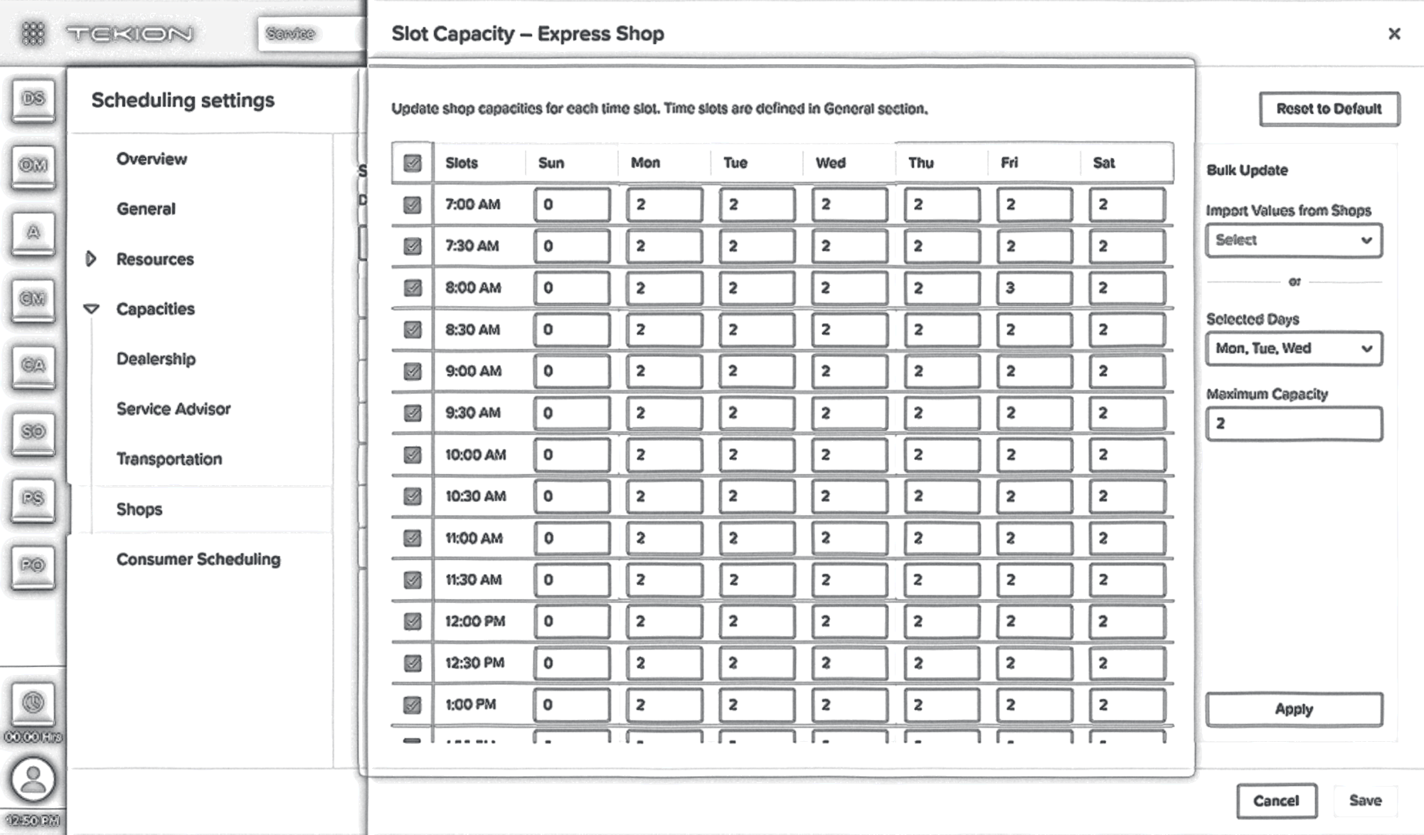 The Slot Capacity dialog for Express Shop: a grid of half-hourly time slots against the
                        days of the week, each cell holding a capacity number, with a Bulk Update panel for applying
                        one maximum across selected days.
